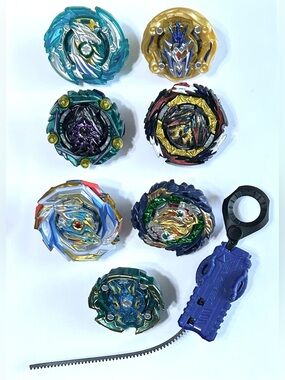 7 Beyblade Burst Rise Beyblades (Some Rare /HTF) and 1 Launcher/Ripcord